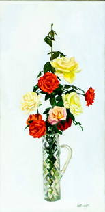 John Hansegger (NY,Swiss,1908-1989) oil painting: ARTIST: John Hansegger (New York, Switzerland, 1908 - 1989) TITLE: Still Life with Vase of Roses MEDIUM: oil on canvas CONDITION: Overall good. No visible inpaint under UV