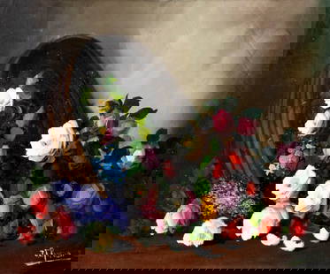 I Picero (Europe,20C) oil painting: ARTIST: I Picero (European, 20 century) TITLE: Still Life with Flower Basket MEDIUM: oil on canvas CONDITION: Unstretched (In-House stretching available). Minor paint losses