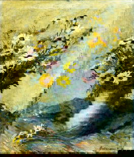 Vintage mid 20C Danish oil painting signed: ARTIST: - (Denmark, mid 20 century) TITLE: Still Life with Vase of Flowers MEDIUM: oil on canvas CONDITION: Some small scratches/paint losses. Some craquelure. Some scatte