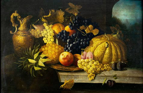 Contemporary decorative oil painting signed Ambroise: ARTIST: Ambroise ( - , 20/21 centuries) TITLE: Still Life with Fruit and Jug MEDIUM: oil on canvas CONDITION: Few very minor paint losses along edges. Minor craquelure. No v
