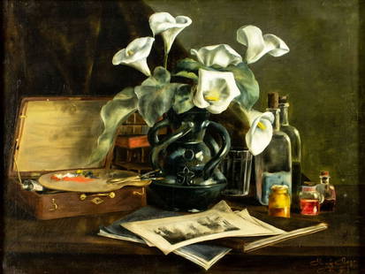 Renee Rops (Belgium,1887-1973) oil painting antique: ARTIST: Renee Rops (Belgian, 1887 - 1973) TITLE: Still Life with Lillies On Artists Table YEAR: 1903 MEDIUM: oil on canvas CONDITION: One patch. Few ve