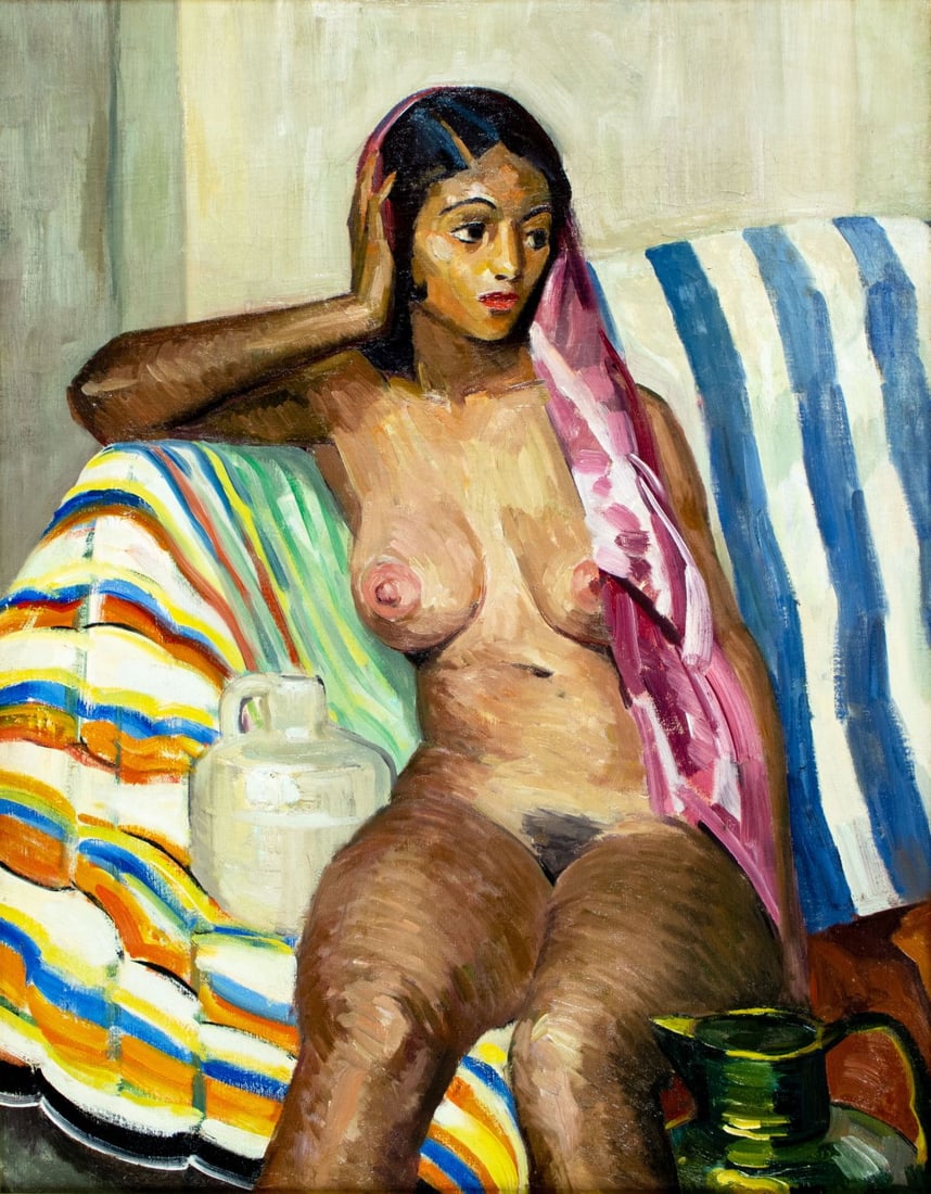 Paul H Winchell (MN,1903-1972) oil painting: ARTIST: Paul H Winchell (Minnesota, 1903 - 1972) TITLE: Seated Nude MEDIUM: oil on canvas CONDITION: Minor scratches/paint losses. Some craquelure. Some scattered inpainting