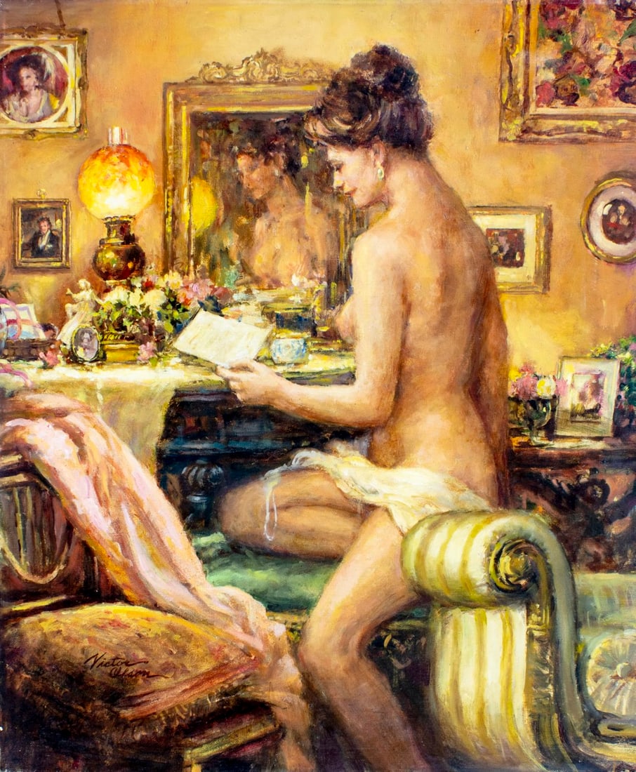 Victor Olson (CT,1924-2007) oil painting: ARTIST: Victor Olson (Connecticut, 1924 - 2007) TITLE: Seated Nude with Letter YEAR: 1997 MEDIUM: oil on canvas CONDITION: Few minor paint losses. No v