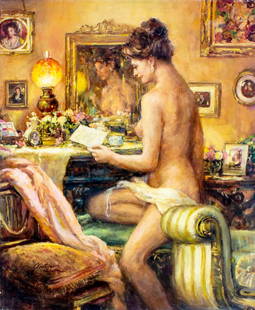 Victor Olson (CT,1924-2007) oil painting: ARTIST: Victor Olson (Connecticut, 1924 - 2007) TITLE: Seated Nude with Letter YEAR: 1997 MEDIUM: oil on canvas CONDITION: Few minor paint losses. No v