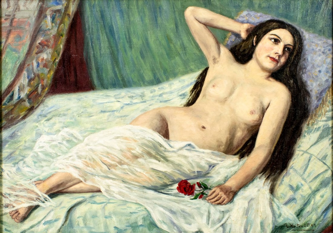 Ludwig Heitmuller (PA,FL,German,Polish,1863-1933) oil painting antique: ARTIST: Ludwig J Heitmuller (Pennsylvania, Florida, Germany, Poland, 1863 - 1933) TITLE: Reclining Nude MEDIUM: oil on canvas CONDITION: Relined. Few minor paint losses. M