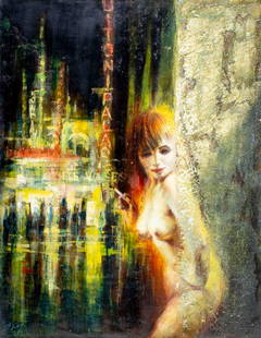 Roland Frey (German,1927-2012) oil painting: ARTIST: Roland Frey (Germany, 1927 - 2012) TITLE: Nude MEDIUM: oil on canvas CONDITION: Unstretched (In-House stretching available). Some paint losses (see pictures carefu