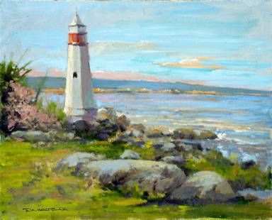 Robert Waltsak (NJ,b 1944) oil painting: ARTIST: Robert Alan Waltsak (New Jersey, born 1944) TITLE: Sunset Lighthouse Landscape MEDIUM: oil on canvas CONDITION: Overall good. No visible inpaint under UV light. Nor
