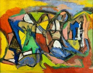 Martin Rosenthal (NY,MA,1899-1974) mixed media painting: ARTIST: Martin Rosenthal (New York, Massachusetts, 1899 - 1974) TITLE: Abstract Composition MEDIUM: mixed media on paper CONDITION: Two small tears by the upper edge. Mino