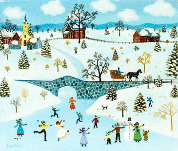 James Reed (US,20C) oil painting: ARTIST: James Reed (American, 20 century) TITLE: Winter Village Landscape with Skaters MEDIUM: oil on canvas CONDITION: Few minor scratches/paint losses along edges. No visi