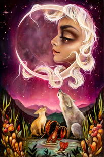 Tatiana Suarez (FL,20/21C) acrylic painting: ARTIST: Tatiana Suarez (Florida, 20/21 centuries) TITLE: Tarot Moon MEDIUM: acrylic on board CONDITION: Very good. No visible inpaint under UV light. ART SIZE:</