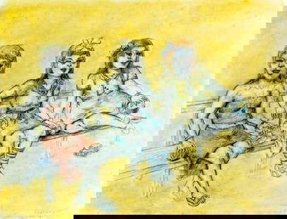 Peter Passuntino (IL,France,1936-?) mixed media painting: ARTIST: Peter Zaccaria Passuntino (Illinois, French, 1936 - ???) TITLE: Three Women on the Bench MEDIUM: mixed media on heavy paper CONDITION: Some damages to edges and co