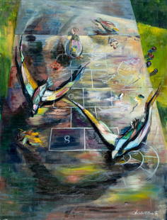 Nicholas Comito (NY,1906-1990) oil painting: ARTIST: Nicholas U Comito (New York, 1906 - 1990) TITLE: Flight Into Nostalgia (titled on label) MEDIUM: oil on canvas CONDITION: Some scratches/paint losses. Some scatte