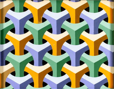Robert Spangler (US,20/21C) oil painting: ARTIST: Robert Spangler (American, 20/21 centuries) TITLE: Geometric Composition MEDIUM: oil on canvas CONDITION: One small patch-repaired puncture with corresponding paint