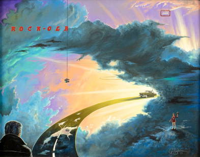 Glen Fortune Banse (NJ,1948-2018) oil painting: ARTIST: Glen Fortune Banse (New Jersey, 1948 - 2018) TITLE: The Homecoming with Jukebox Sky (titled on stretcher) YEAR: 1975 MEDIUM: oil on canvas CONDITION: