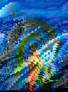 Lori Karels (MN,b 1960) oil painting: ARTIST: Lori Karels (Minnesota, born 1960) TITLE: Neon Dragon IV (titled on verso) YEAR: 2013 MEDIUM: oil on canvas board CONDITION: Minor damages to cor