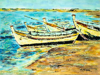 Evelyn Metzger (NY,Brazil,1911-2007) oil painting: ARTIST: Evelyn Borchard Metzger (New York, Brazilian, 1911 - 2007) TITLE: Coastal Landscape with Boats MEDIUM: oil on board CONDITION: Some scratches/paint losses along ed