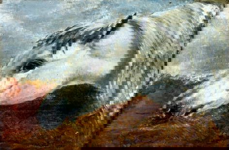 Aston (UK,19C) oil painting antique: ARTIST: Aston (United Kingdom, 19 century) TITLE: White Horse YEAR: 1980 MEDIUM: oil on canvas CONDITION: Some scratches/paint losses. Some scattered inp