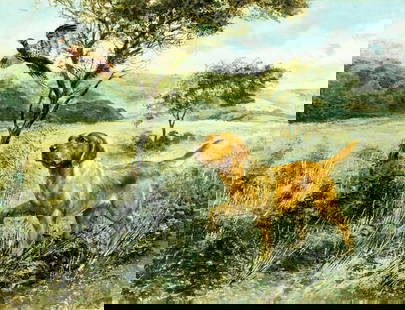 Henry Wilkinson (UK,1921-2011) oil painting: ARTIST: Henry Robinson Wilkinson (United Kinhgdom, 1921 - 2011) TITLE: Hunting Dog MEDIUM: oil on canvas CONDITION: Few very minor paint losses. No visible inpaint under U