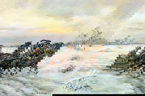 Georges Csapo (Hungary,1910-?) oil painting: ARTIST: Georges Csapo (Hungarian, 1910 - ???) TITLE: Winter Landscape with Troika MEDIUM: oil on canvas CONDITION: Unstretched (In-House stretching available). Few minor p