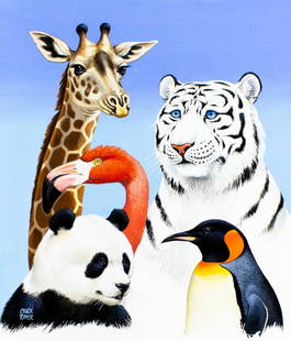 Chuck Ripper (WV,PA,1929-2019) gouache painting: ARTIST: Chuck Ripper (West Virginia, Pennsylvania, 1929 - 2019) TITLE: Zoo Animals (titled on verso) YEAR: 1992 MEDIUM: gouache on board CONDITION: Min