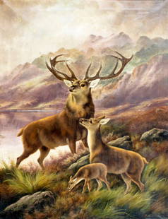 Robert Cleminson (UK,1864-1903) oil painting antique: ARTIST: Robert Cleminson (United Kingdom, 1864 - 1903) TITLE: Deer Family MEDIUM: oil on canvas CONDITION: One small patch. Few nail holes along edges. Few small paint los
