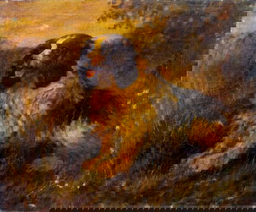 R Benson (20C) oil painting: ARTIST: R Benson (20 century) TITLE: Spaniel Dog MEDIUM: oil on canvas CONDITION: Unstretched (In-House stretching available). Some paint losses (see pictures carefully). So