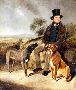 Antique 19C Bristish oil painting: ARTIST: - (United Kingdom, 19 century) TITLE: Man with Dogs MEDIUM: oil on canvas CONDITION: Relined. Few minor paint losses. Some craquelure. Some scattered inpaintings.<