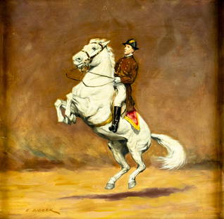 E Wobek (Austria,1922-?) oil painting: ARTIST: E Wobek (Austrian, 1922 - ???) TITLE: Man on Horse, Spanish Riding School, Vienna MEDIUM: oil on board CONDITION: Few small scratches mostly along edges. No visibl