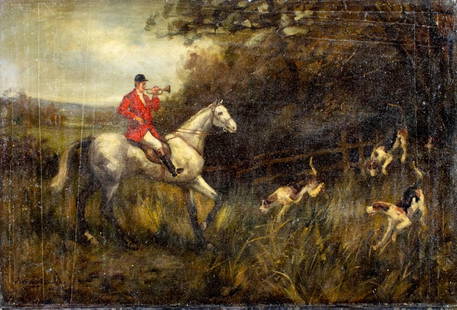 Henry Allingham (UK,20C) oil painting: ARTIST: Henry Allingham (United Kingdom, 20 century) TITLE: Hunting Scene MEDIUM: oil on canvas CONDITION: Unstretched (In-House stretching available). Some scratches/paint