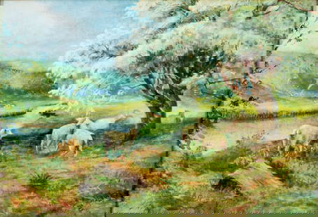 Victoria McLeod (UK,early 20C) watercolor painting: ARTIST: Victoria McLeod (United Kingdom, early 20 century) TITLE: Landscape with Flock of Sheep MEDIUM: watercolor on paper CONDITION: Some age toning. Framed under glass. M
