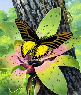 Chuck Ripper (WV,PA,1929-2019) gouache painting: ARTIST: Chuck Ripper (West Virginia, Pennsylvania, 1929 - 2019) TITLE: Golden Birdwing Butterfly (titled on verso) YEAR: 1998 MEDIUM: gouache on board CONDITION