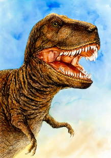 Paul Calle (CT,NY,1928-2010) mixed media painting: ARTIST: Paul Calle (Connecticut, New York, 1928 - 2010) & Chris Calle (American, born 1961) TITLE: 1990s - Jurassic Park (titled on verso) YEAR: 2000 MEDIUM: mixed media o