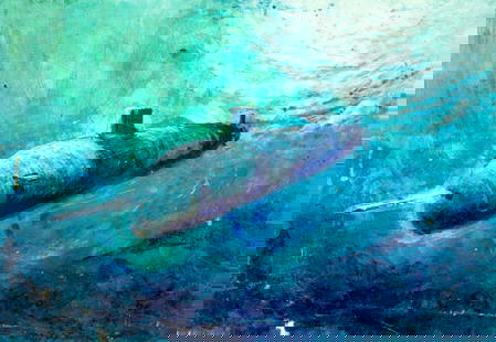 Vintage mid 20C American oil painting: ARTIST: - (American, mid 20 century) TITLE: Submarine MEDIUM: oil on board CONDITION: Some small damages to corners. Some scratches/paint losses (see pictures carefully).