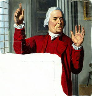 Alton Tobey (CT,1914-2005) oil painting: ARTIST: Alton Stanley Tobey (Connecticut, 1914 - 2005) TITLE: Sam Adams Speaking MEDIUM: oil on canvas board CONDITION: Some damages to the left edge. Some craquelure. Som