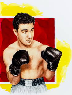 Paul Calle (CT,NY,1928-2010) mixed media painting: ARTIST: Paul Calle (Connecticut, New York, 1928 - 2010) & Chris Calle (American, born 1961) TITLE: Rocky Marciano Undefeated (titled on verso) YEAR: 1999 MEDIUM: mixed med