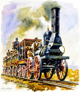 John Swatsley (CA,1937-?) watercolor painting: ARTIST: John Swatsley (California, 1937 - ???) TITLE: DeWitt Clinton Locomotive (titled on verso) YEAR: 1986 MEDIUM: watercolor on board CONDITION: Ver