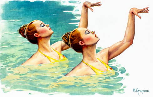 Ivan Sushchenko (Russia,1930-?) oil painting: ARTIST: Ivan Akimovich Sushchenko (Russian, 1930 - ???) TITLE: Synchronized Swim - Womens (titled on verso) YEAR: 1991 MEDIUM: oil on canvas. Canvas applied to board. <