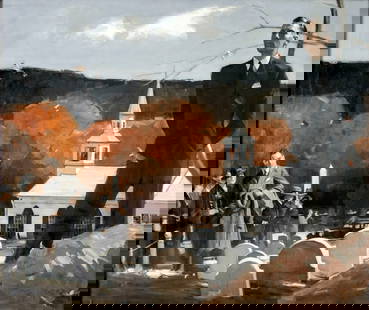 August Bleser Jr (US,1898-1966) oil painting antique: ARTIST: August Bleser Jr (American, 1898 - 1966) TITLE: A Reflective Moment YEAR: 1936 MEDIUM: oil on canvas CONDITION: One small paint loss by the rig
