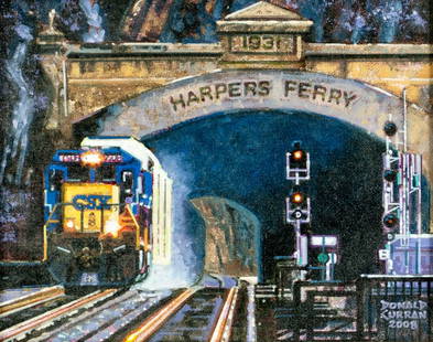Donald Curran (MO,b 1955) oil painting: ARTIST: Donald Curran (Missouri, born 1955) TITLE: Harpers Ferry Tunnel, West Virginia (titled on verso) YEAR: 2008 MEDIUM: oil on canvas board CONDITION: