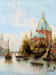 Karl Kaufmann (Germany,Austria,1843-1905) oil painting antique: ARTIST: Karl Kaufmann (German, Austrian, 1843 - 1901/05) TITLE: Middle Eastern Cityscape MEDIUM: oil on board CONDITION: Normal wear along edges. No visible inpaint under UV