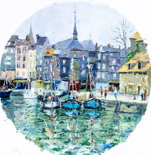 Pierre Bittar (MI,France,1934-?) oil painting: ARTIST: Pierce Bittar (Michigan, French, 1934 - ???) TITLE: Honfleur Cityscape, France MEDIUM: oil on canvas CONDITION: One nail hole by the upper left corner. Some spots