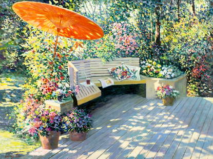 Wings Lee (US,China,20C) oil painting: ARTIST: Wings Lee (American, Chinese, 20 century) TITLE: Garden Bench Landscape MEDIUM: oil on canvas CONDITION: Unstretched (In-House stretching available). Some paint loss