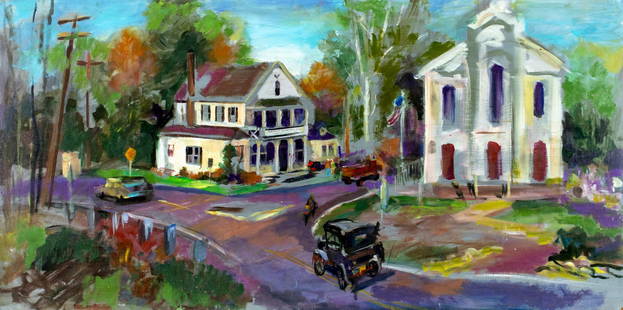 John Reilly (NY,NJ,1942-2021) oil painting: ARTIST: John Reilly (New York, New Jersey, 1942 - 2021) TITLE: Peapack Gladstone Bank MEDIUM: oil on board CONDITION: Some damages to corners. Some scratches. No visible i
