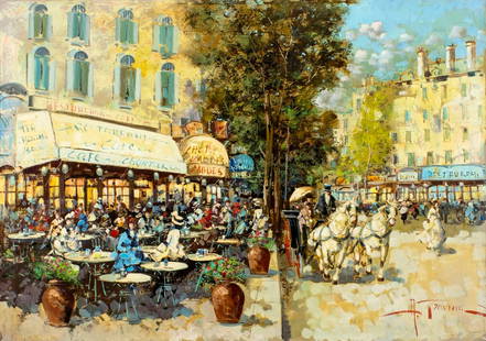Antonio Gravina (Italy,1934-2011) oil painting: ARTIST: Antonio Gravina (Italian, 1934 - 2011) TITLE: Outdoor Restaurant Scene MEDIUM: oil on canvas CONDITION: Unstretched (In-House stretching available). Few minor pain