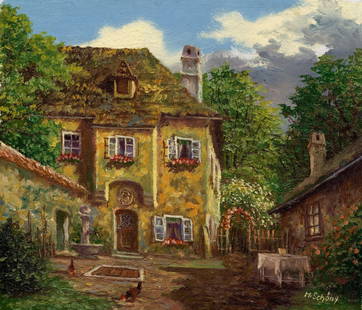 M Schony (German,1913-?) oil painting: ARTIST: M Schony (Germany, 1913 - ???) TITLE: Town Scene MEDIUM: oil on canvas CONDITION: Unstretched (In-House stretching available). Overall good. No visible inpaint und
