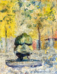 Hildegarde Hamilton (FL,VA,1898-1970) oil painting: ARTIST: Hildegarde Hume Hamilton (Florida, Virginia, 1898 - 1970) TITLE: Warm Water Fountain, Provence, France (titled on verso) MEDIUM: oil on canvas CONDITION: Some flak