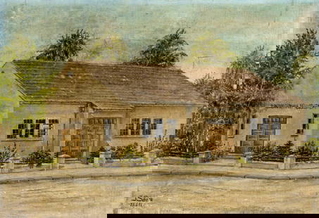 J Scheck (German,mid 20C) oil painting: ARTIST: J Scheck (Germany, mid 20 century) TITLE: Turnerbund Germania Neulussheim, Germany YEAR: 1952 MEDIUM: oil on canvas CONDITION: Two patches. Some