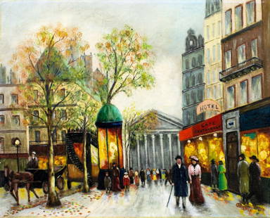 Vintage mid 20C French oil painting signed: ARTIST: - (France, mid 20 century) TITLE: Paris Cityscape MEDIUM: oil on canvas board CONDITION: Overall good. No visible inpaint under UV light. Normal wear along edges.<