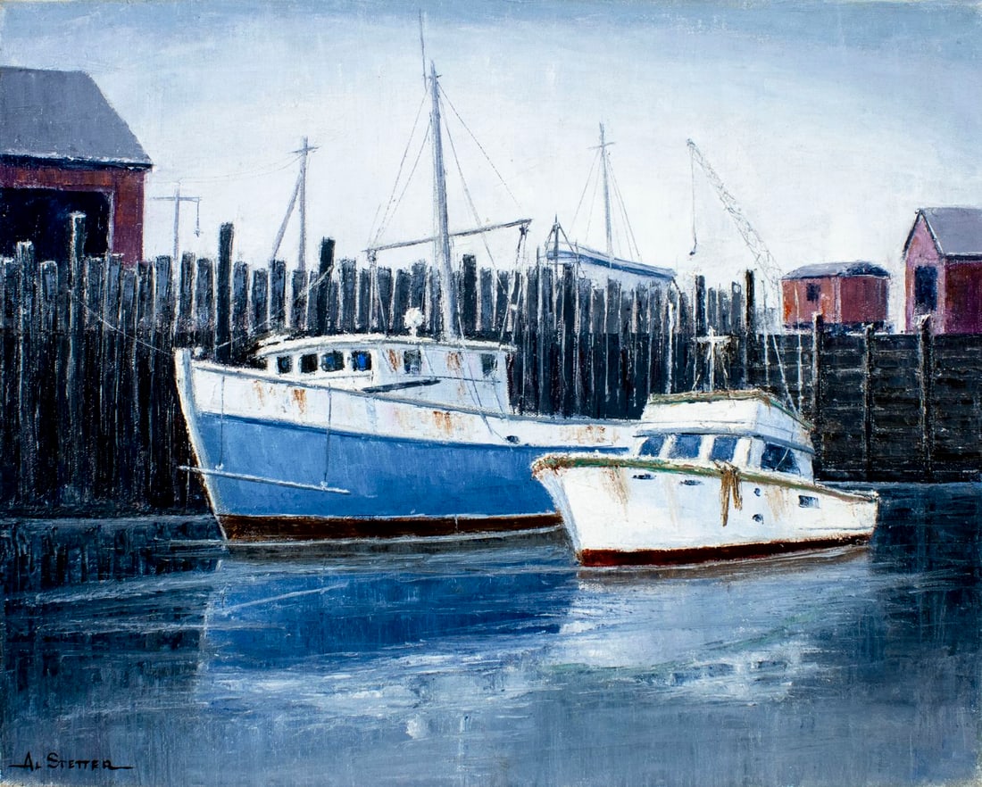 Albert Stetter (CA,1907-2008) oil painting: ARTIST: Albert Alvin Stetter (California, 1907 - 2008) TITLE: Low Tide, Near Yarmouth Nova Scotia (titled on verso) MEDIUM: oil on canvas CONDITION: Overall good. No visib