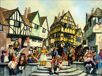 George Kingsley (US,20C) oil painting: ARTIST: George Kingsley (American, 20 century) TITLE: Town Street Scene MEDIUM: oil on canvas CONDITION: Minor craquelure. No visible inpaint under UV light. ART